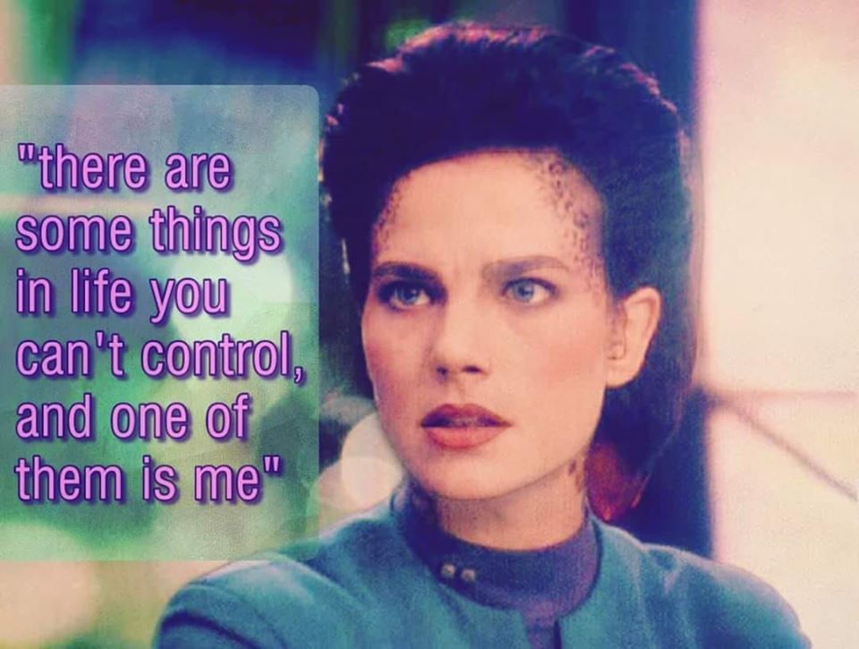 This meme is a still image from the TV show Star Trek: The Next Generation, featuring the character Deanna Troi (played by Marina Sirtis). The image shows Deanna Troi with a concerned expression on her face. The text overlaid on the image reads, "There are four things you can't change: the past, the fact that you're reading this, the need to breathe, and the fact that I'm a Betor, and there are four things you can change: your attitude, your future, your past, and your destiny."
